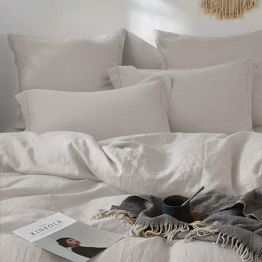 Simple&Opulence 100% French Linen Euro Shams With Embroidery (26'' X 26'') - Pack Of 2 - Pre Washed Solid Color Natural Flax Soft Breathable - Linen