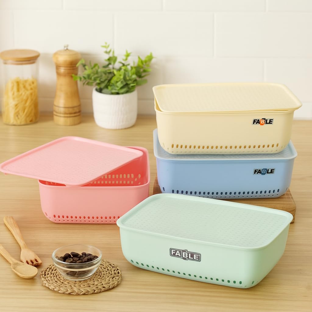 Nabhya Combo Of 4 Small Size Multipurpose Basket Storage Basket With Lid Plastic Box Organiser For Home Kitchen Storage Basket