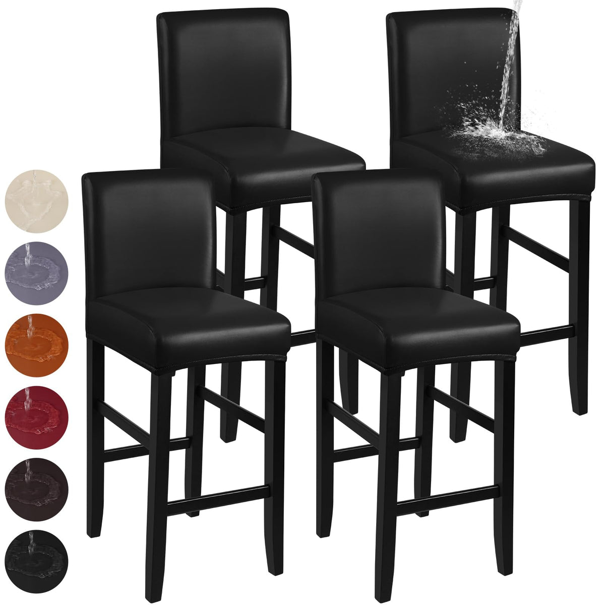 YISUN Bar Stool Covers, Stretch Waterproof PU Bar Stool Slipcover Removable Washable Bar Stool Chair Covers, High Chair Cover with Elastic Bands (4 Pack, Black)