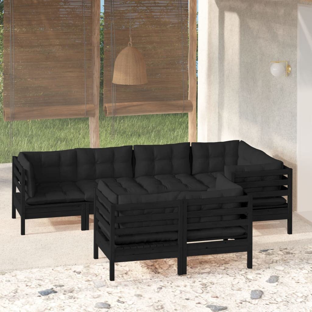 vidaXL Solid Pinewood Patio Lounge Set 7 Piece with Cushions Garden Outdoor Lawn Yard Terrace Balcony Wooden Seat Seating Furniture Black