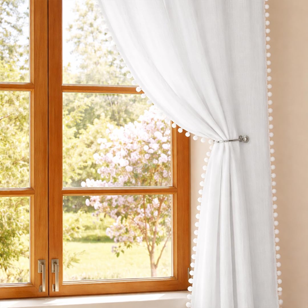 Homemonde Cotton Sheer Curtains Long Door 8 Feet Sun Light Filtering Curtain With Rod Pocket, Both Sides Pompoms, Pack Of 2  (W
