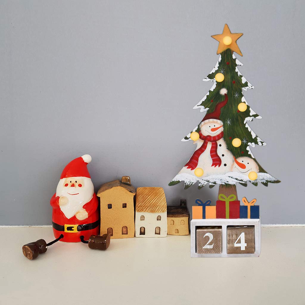 Christmas Tree Advent Countdown Calendar, Led Lighted Wooden Tabletop Christmas Countdown Calendar With Number Blocks (Red Hat S