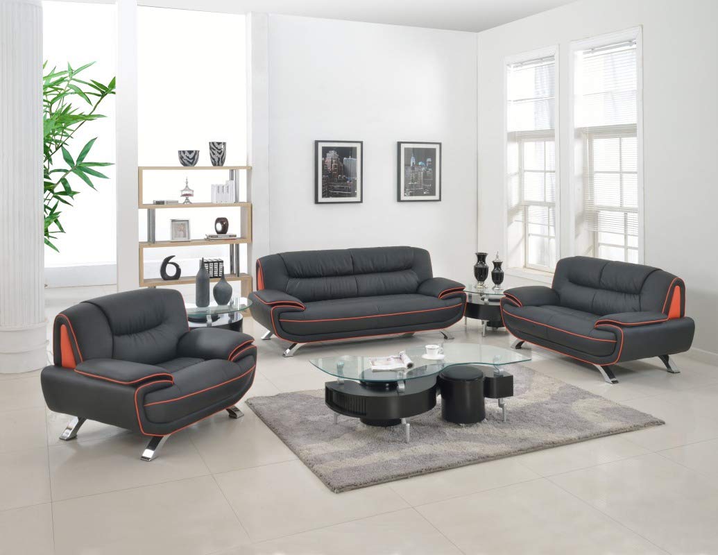 HomeRoots 115 Sleek Black Leather Sofa Set