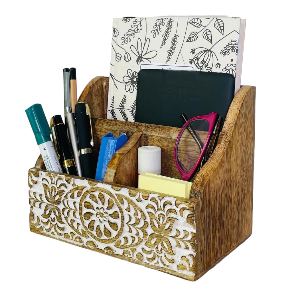 Wooden Office Desk Organizer Countertop, Farmhouse Stationary Aesthetic Organizer For Marker, Pen, Remote, Makeup Brush, Art Sup