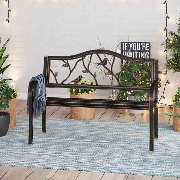 Phi Villa Outdoor Garden Park Bench Patio 50' Metal Bench, Steel Frame Bench With Backrest And Armrests For Porch, Lawn, Balcony, Backyard And Indoor, Bronze
