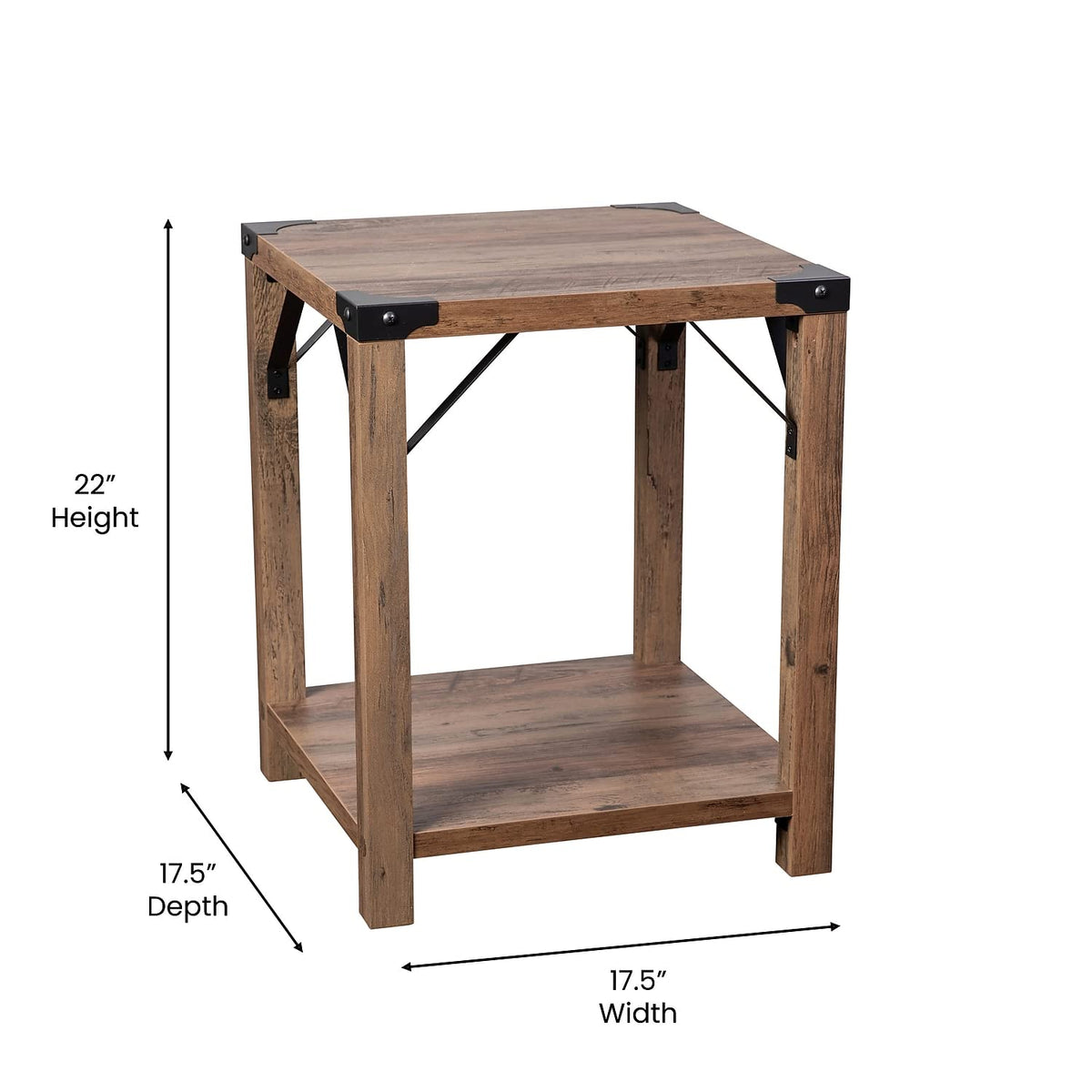Flash Furniture Wyatt Modern Farmhouse 2 Tier Side Table - Rustic Oak Engineered Wood Frame - Black Metal Crisscross Side Braces and Corner Accents
