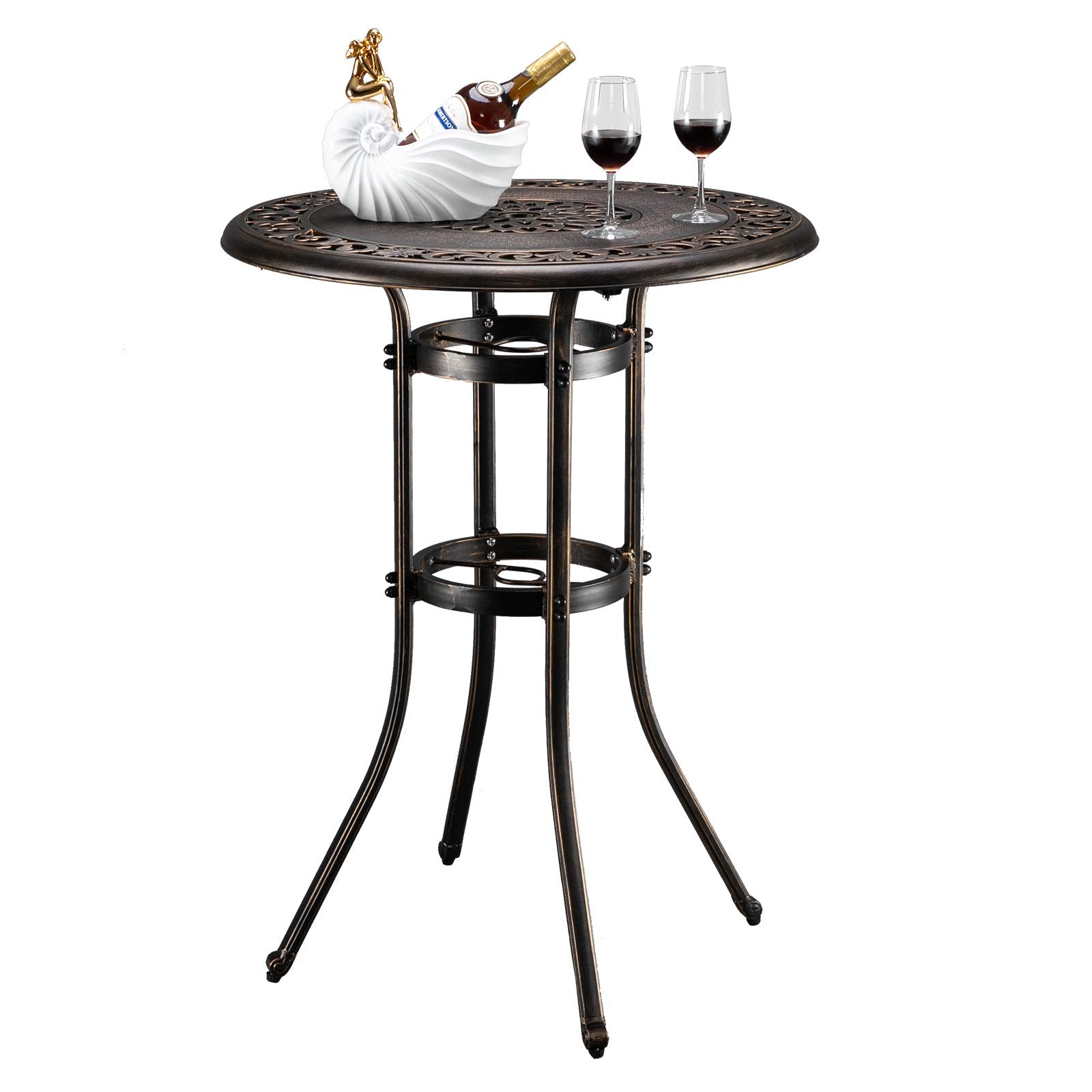 Vingli Outdoor Bar Table, Cast Aluminum Bar Height Patio Table With Umbrella Hole Patio Dining Table, Tall Outdoor Table Bistro Table Outdoor Furniture Garden Table 32' Dia X 41 H (Bronze)…