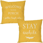Pandicorn Welcome To Our Porch Stay Awhile Farmhouse Decorative Throw Pillow Covers 18X18 Set Of 2 Yellow Outdoor Porch Pillows