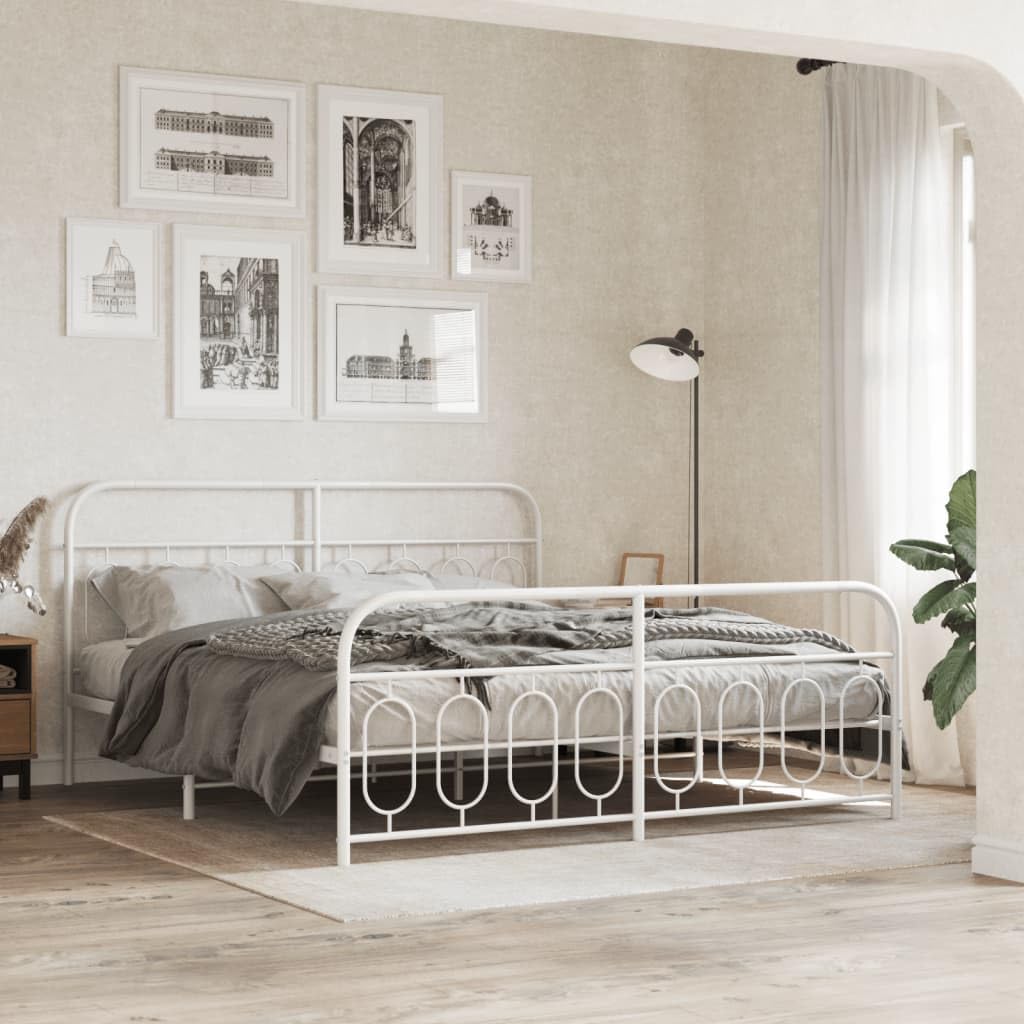 vidaXL Metal Bed Frame King Size with Headboard/Footboard - White, 81.5"x78"x39.4", Modern Design for Bedroom