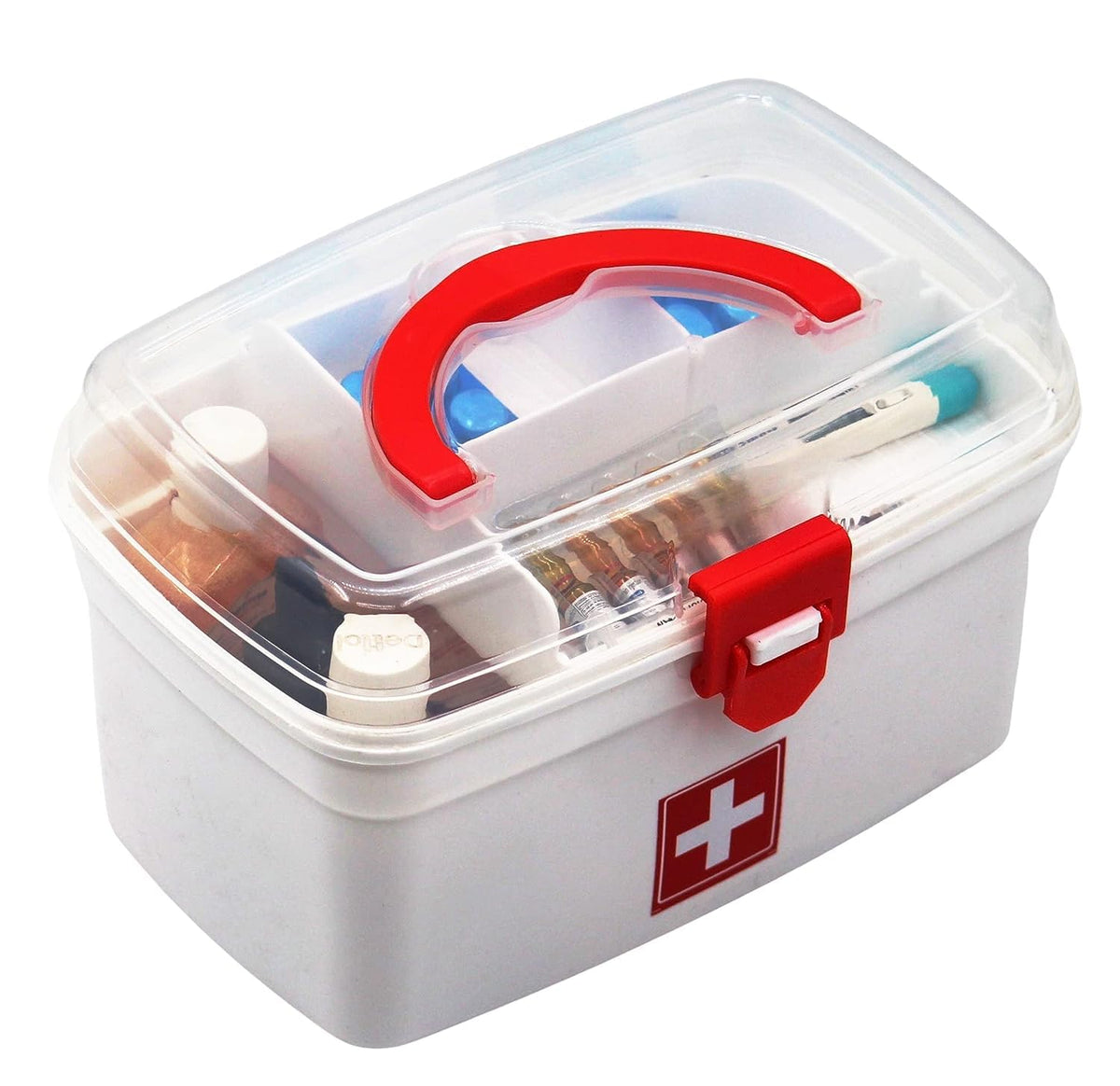 Dweezhet First Aid Kit Emergency Medicine Storage Box with Detachable Tray and Transparent Lid and Handle for Home Travel