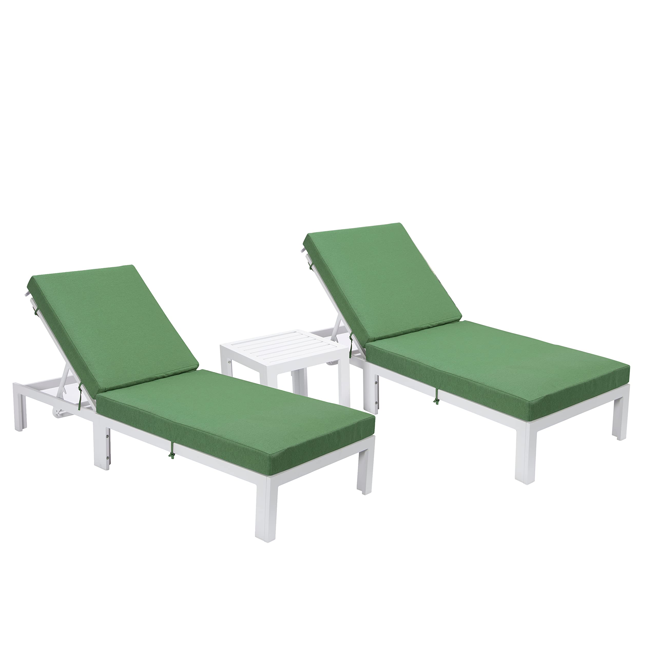 LeisureMod Chelsea Modern White Aluminum Chaise Lounge Outdoor Patio Chair with Side Table & Cushions Set of 2, Black