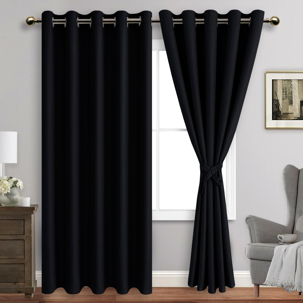 Jiuzhen Black Blackout Curtains With Tiebacks - Thermal Insulated, Light Blocking And Noise Reducing Grommet Curtains For Bedroom And Living Room, Set Of 2 Window Curtain Panels, 60 X 84 Inch Length