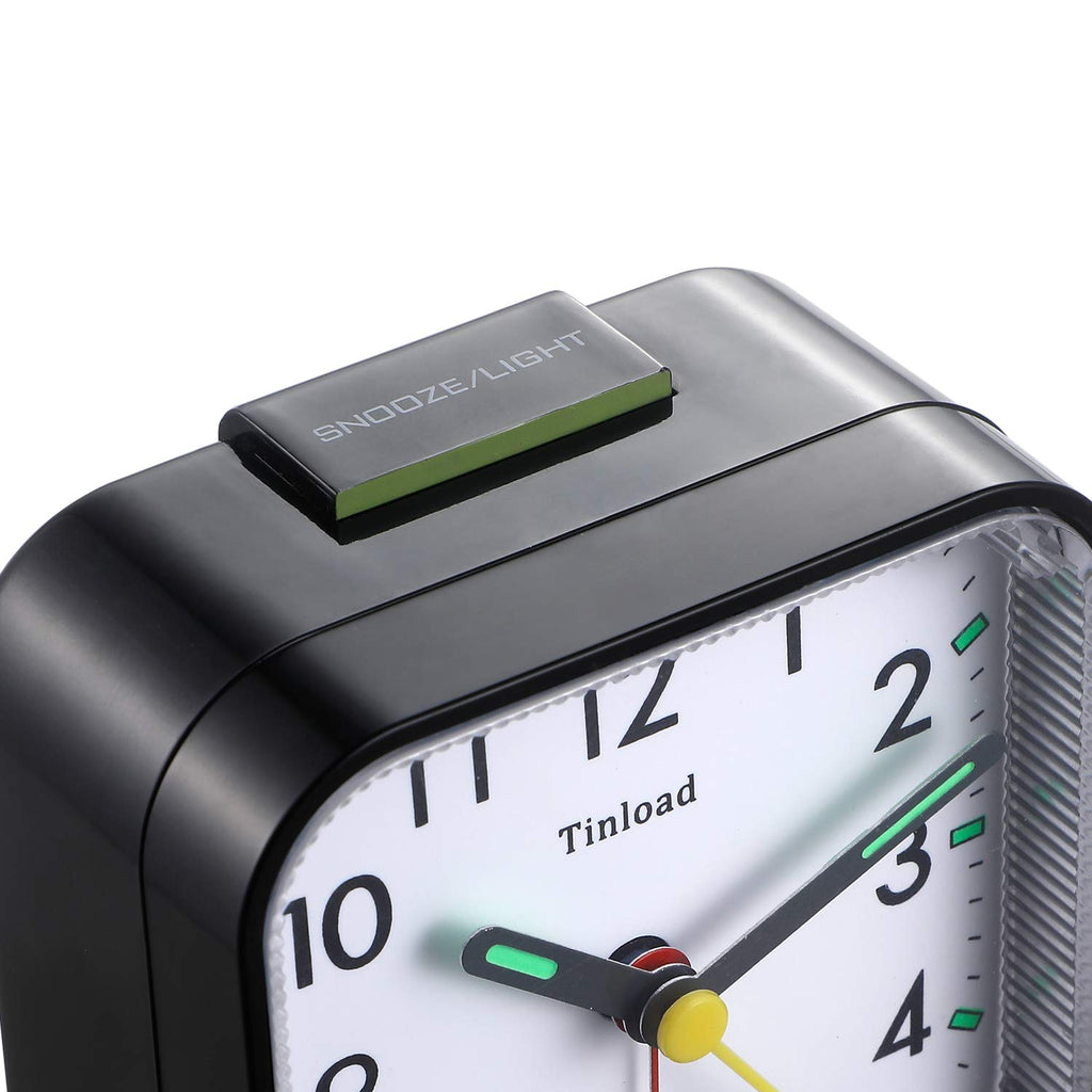 Tinload Small Battery Operated Analog Alarm Clock, Silent Non-Ticking, Black, Snooze, Easy Set Functions