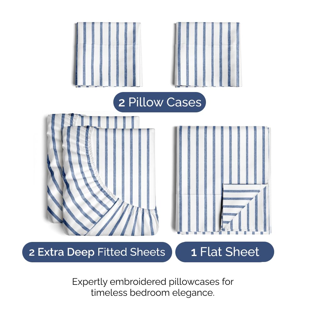 Extra Deep Pocket Split King Sheets - 5 Piece Breathable & Cooling Bed Sheets - Hotel Luxury Bed Sheet Set - Soft, Wrinkle Free & Comfy - Easily Fits Extra Deep Mattresses - Blue Striped Sheets Set