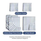 Extra Deep Pocket Split King Sheets - 5 Piece Breathable & Cooling Bed Sheets - Hotel Luxury Bed Sheet Set - Soft, Wrinkle Free & Comfy - Easily Fits Extra Deep Mattresses - Blue Striped Sheets Set