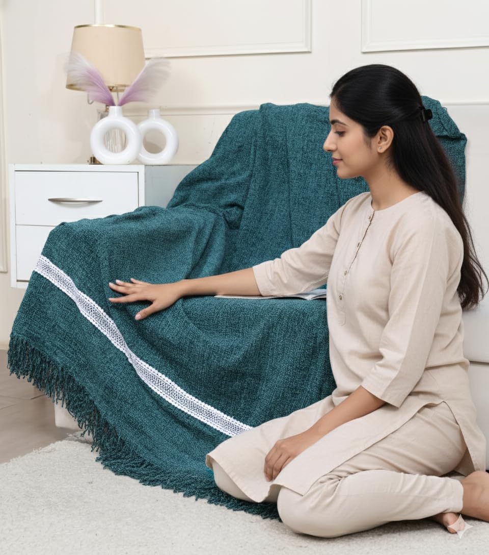 Fashion Throw Handmade from Khadi Weave Soft Chenille Throw Blanket  Lightweight, Breathable & Cozy for Sofa or Bed (100% Cheni