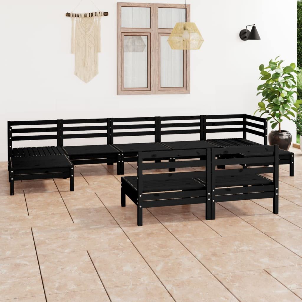vidaXL Solid Pinewood Patio Lounge Set 9 Piece Garden Outdoor Terrance Backyard Furniture Set Wooden Lounge Sofa Seating Chair Seat Black