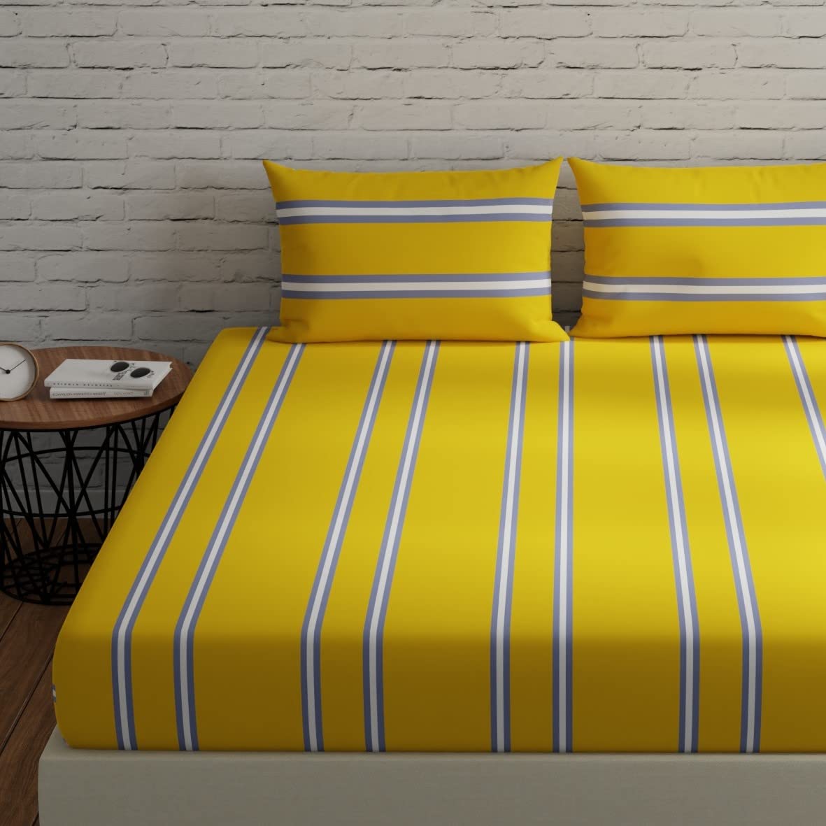 Huesland By Ahmedabad Cotton 144 Tc Cotton Bed Sheets For King Size Bed With 2 Pillow Covers | 9Ft X 9Ft | Striped Yellow & Grey