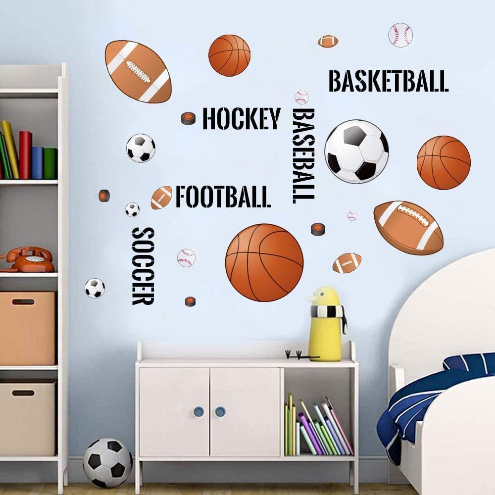 Supzone Sport Balls Wall Stickers Boys Wall Decals Basketball Soccer Baseball Football Hockey Wall Decor Boys Playroom Bedroom C