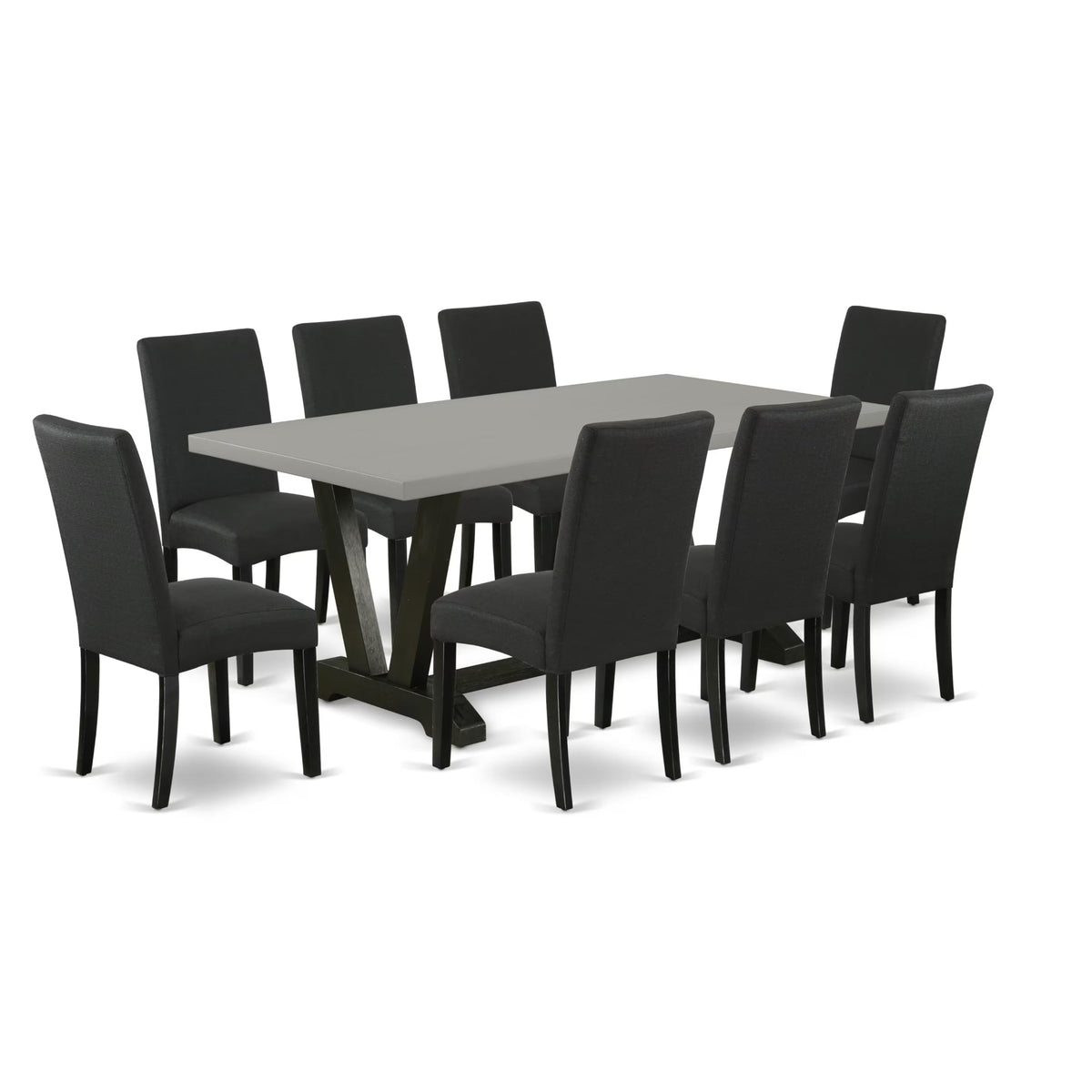 East West Furniture V697Dr124-9 9 Piece Dining Table Set Includes A Rectangle Dining Room Table With V-Legs And 8 Black Color Linen Fabric Upholstered Chairs, 40X72 Inch, Multi-Color