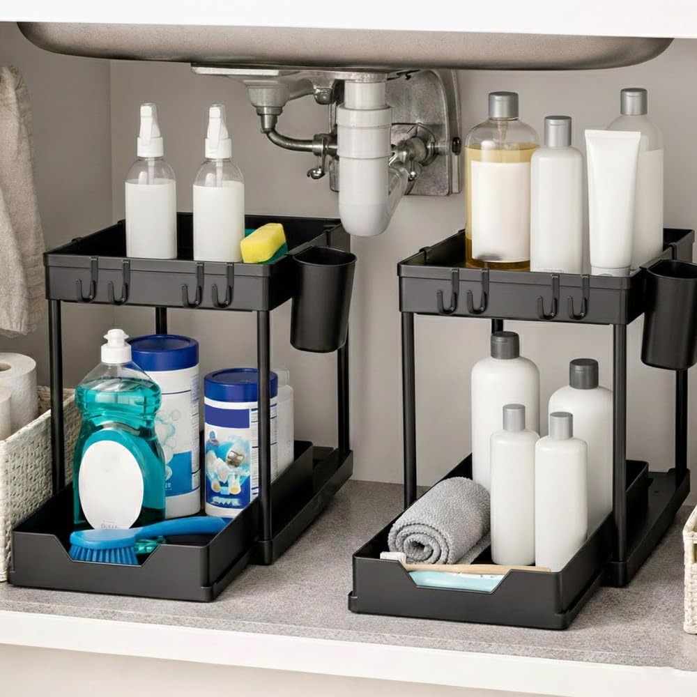 Lyrrez Undersink Organizer, 2Tier Under Sink Storage Rack With Sliding Drawers For Kitchen Bathroom Cabinets, Pull Out Organize