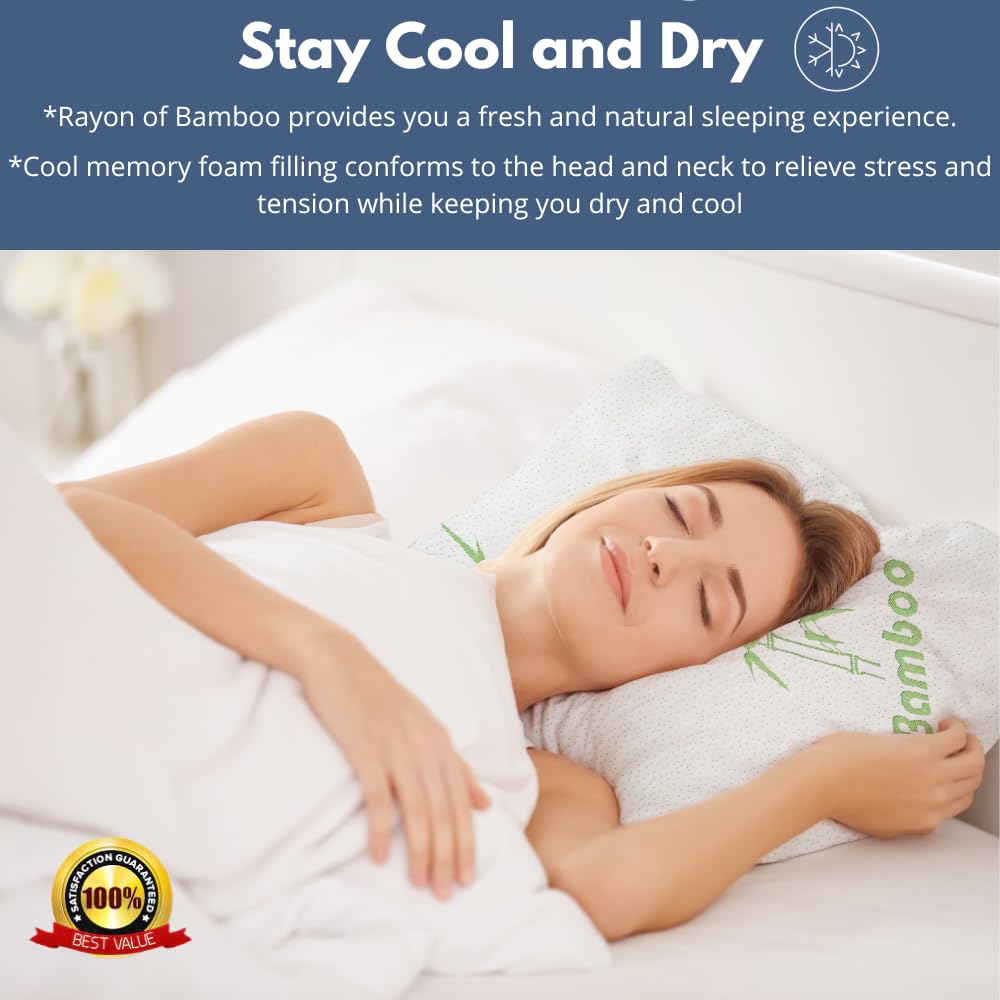 Memory Foam Bamboo Pillows King 20'' X 36'' [Adjustable] For Sleeping - Cool & Breathable Cover With Zipper Rayon Derived From B