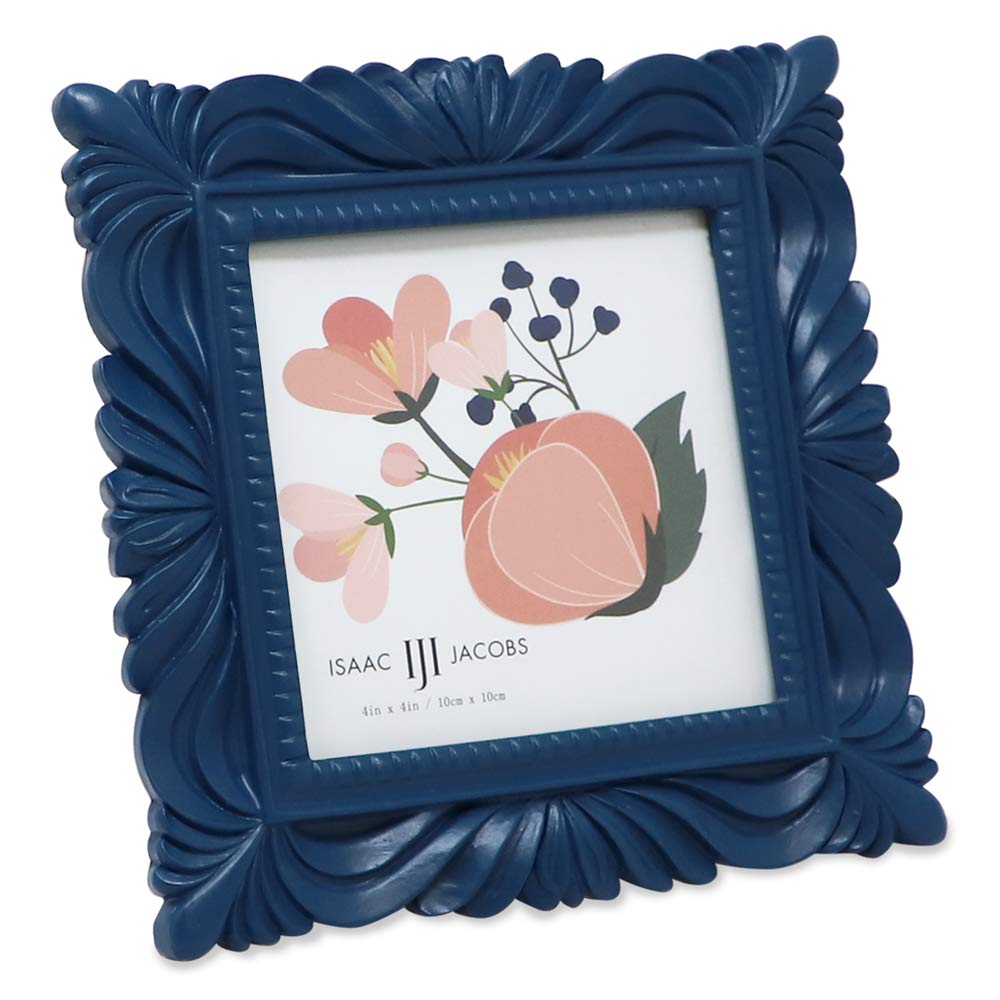 Isaac Jacobs 4x4 Navy Wave Textured Hand-Crafted Resin Picture Frame with Easel & Hook for Tabletop & Wall Display, Decorative S
