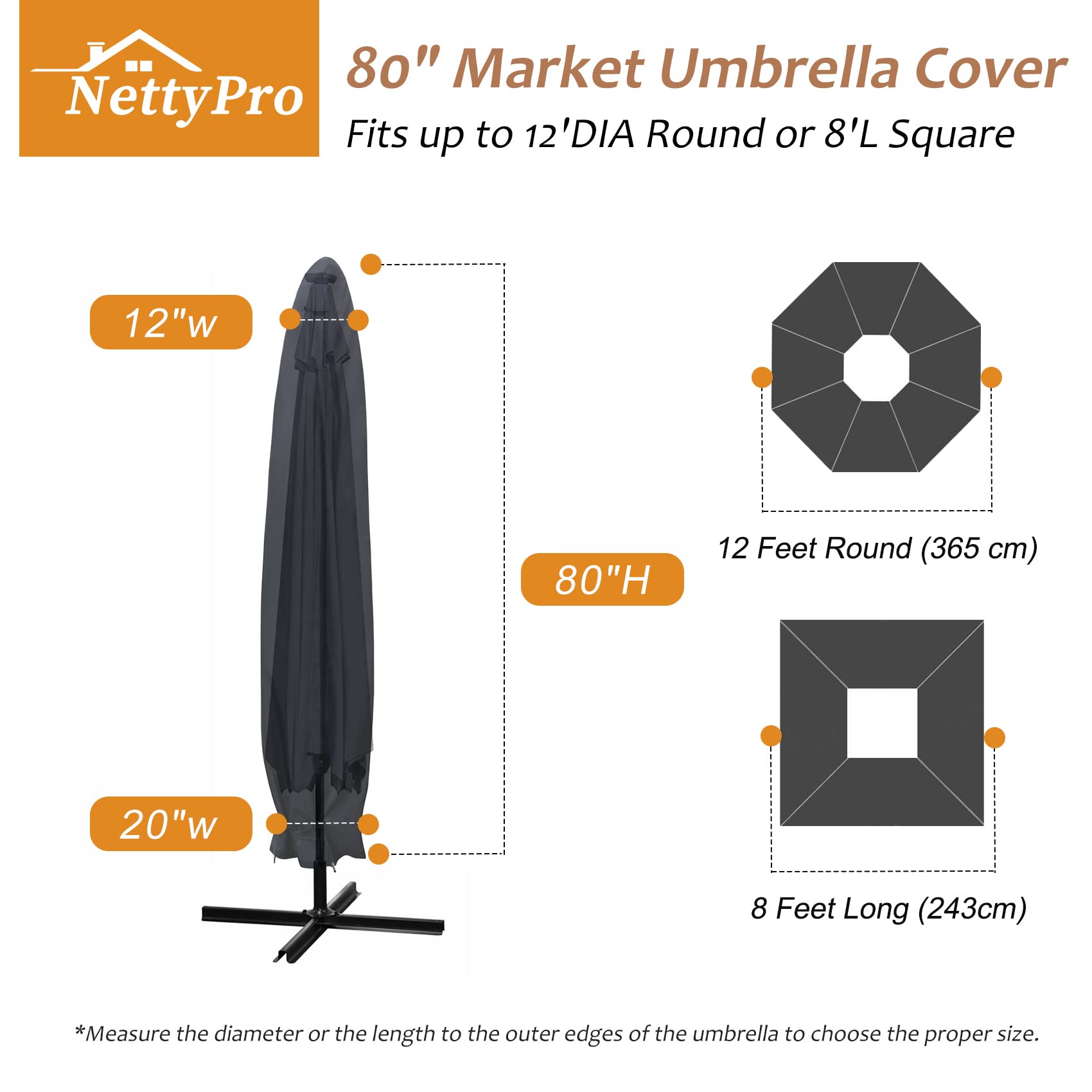 Nettypro Umbrella Cover For 10Ft To 12Ft Outdoor Umbrellas, Fade Resistant Waterproof And Ripstop Market Umbrella Parasol Cover With Zipper And Rod, Black