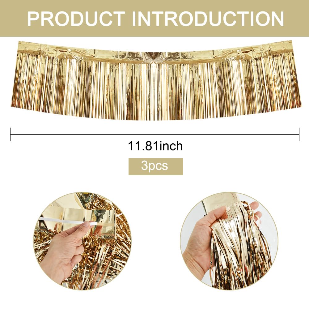 Beishida 3 Packs Metallic Foil Fringe Garland Champagne Wall Hanging Tinsel Fringe Banners For Car Floats Bridal Shower Wedding