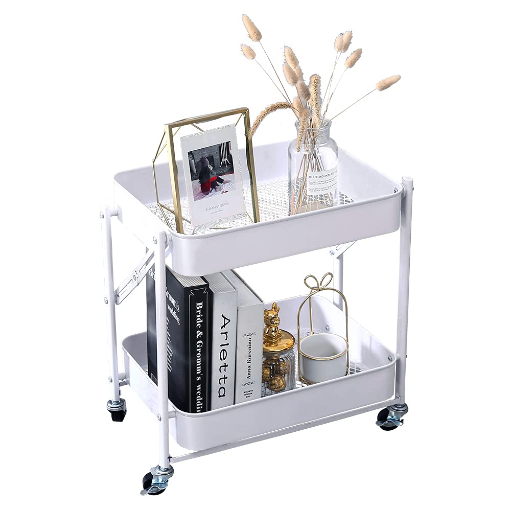 Melody House 2-Tier Metal Folding Rolling Cart, Mobile Utility Cart Trolley Storage Organizer for Office Home Kitchen Organizati
