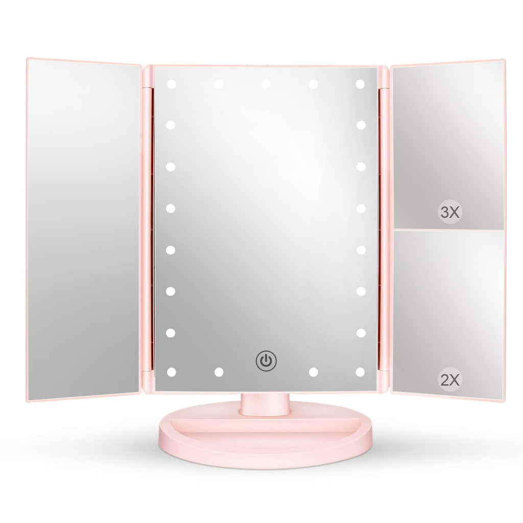 deweisn Tabletop Mount Tri-Fold Lighted Vanity Mirror with 21 LED Lights, Touch Screen and 3X/2X/1X Magnification, Two Power Sup