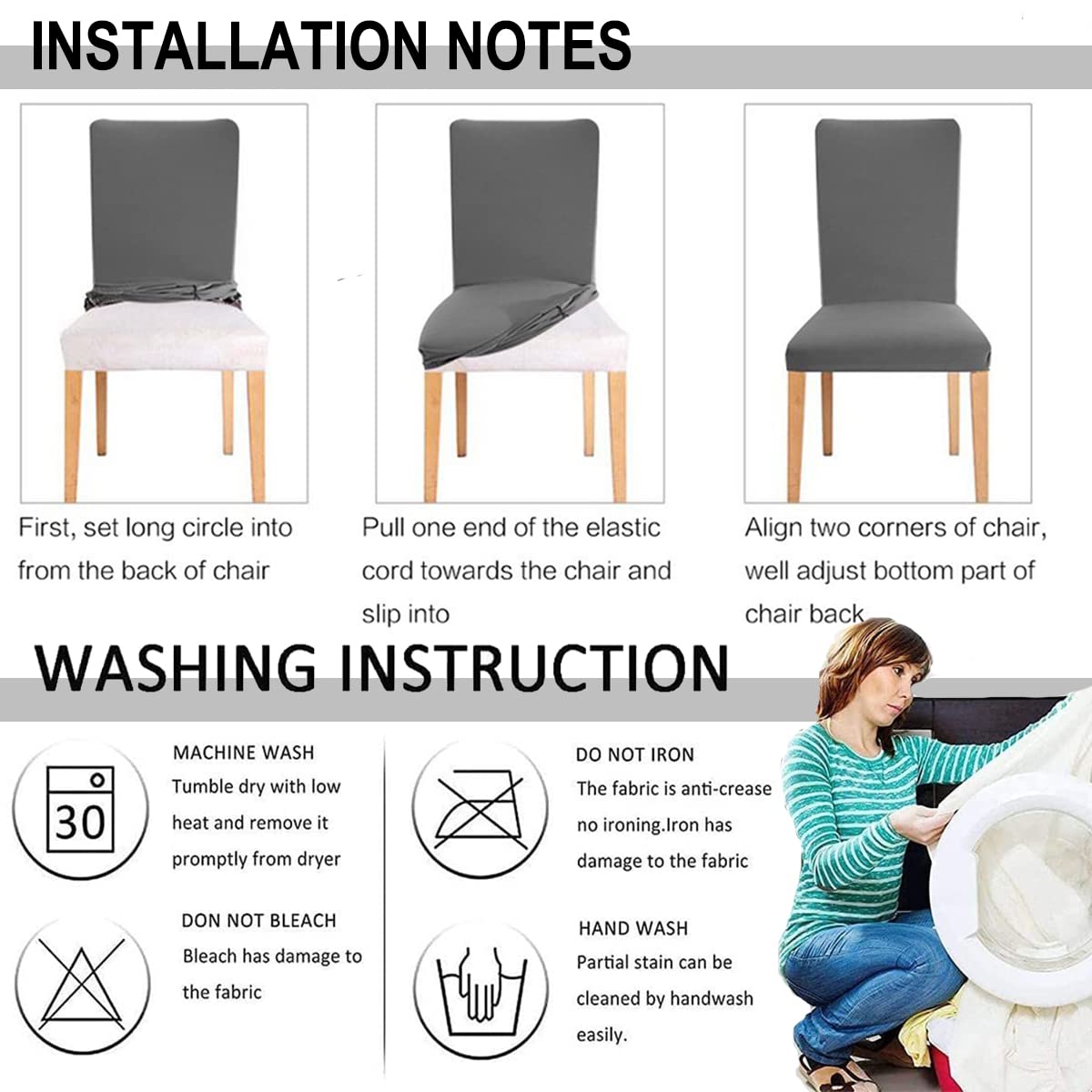 Hzdhclh Grey Chair Covers For Dining Room 4 Pack,Stretch Spandex Chair Slipcovesr Set Of 4,Washable Anti-Dust Chair Seat Cover F