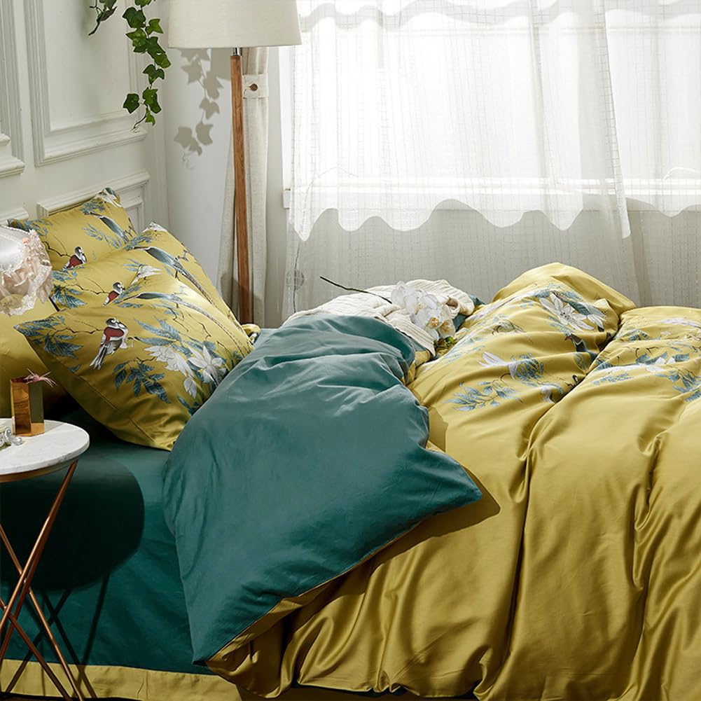 Mixinni Floral Duvet Cover Set Full Soft Cotton White Flowers Birds Bedding With Zipper Closure 2 Pillowcases Leaf Printed Yello