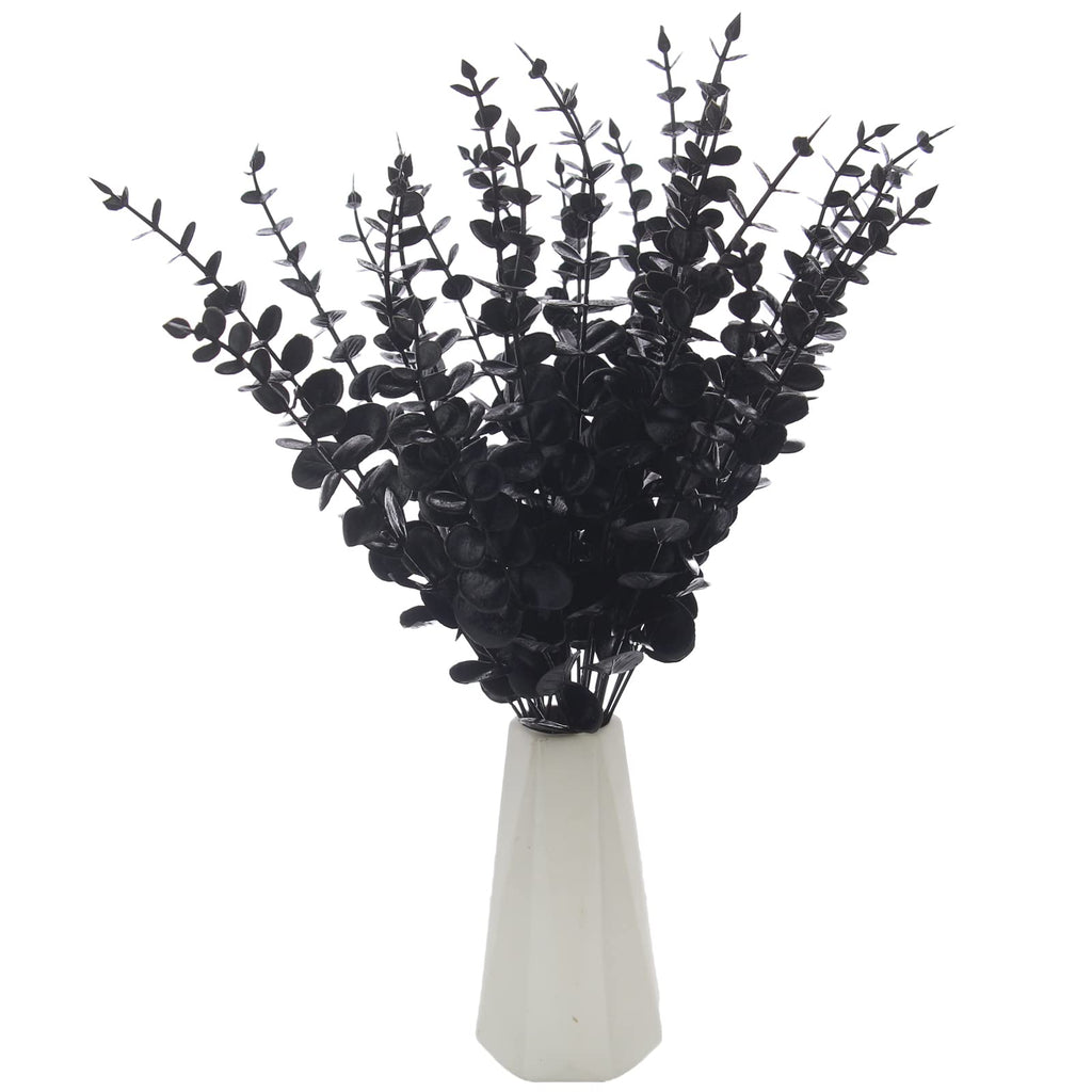 Tinsow 26 Pcs Black Artificial Eucalyptus Stems Faux Halloween Flowers Eucalyptuses Real Touch Leaf Centerpiece Home Decor (26,