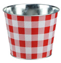 Red White Plaid Tin Pot - 6.75' Diameter, 5.5' Tall, Gift Basket Decoration, Gingham Flower Pot, Garden Decor, Festive Succule