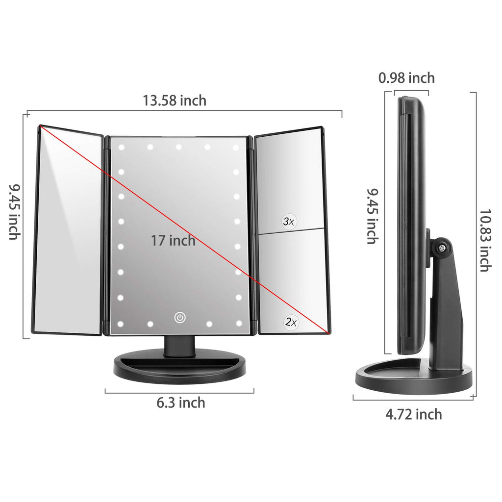 Deweisn Tabletop Mount Trifold Lighted Vanity Mirror With 21 Led Lights, Touch Screen And 3X/2X/1X Magnification, Two Power Supp