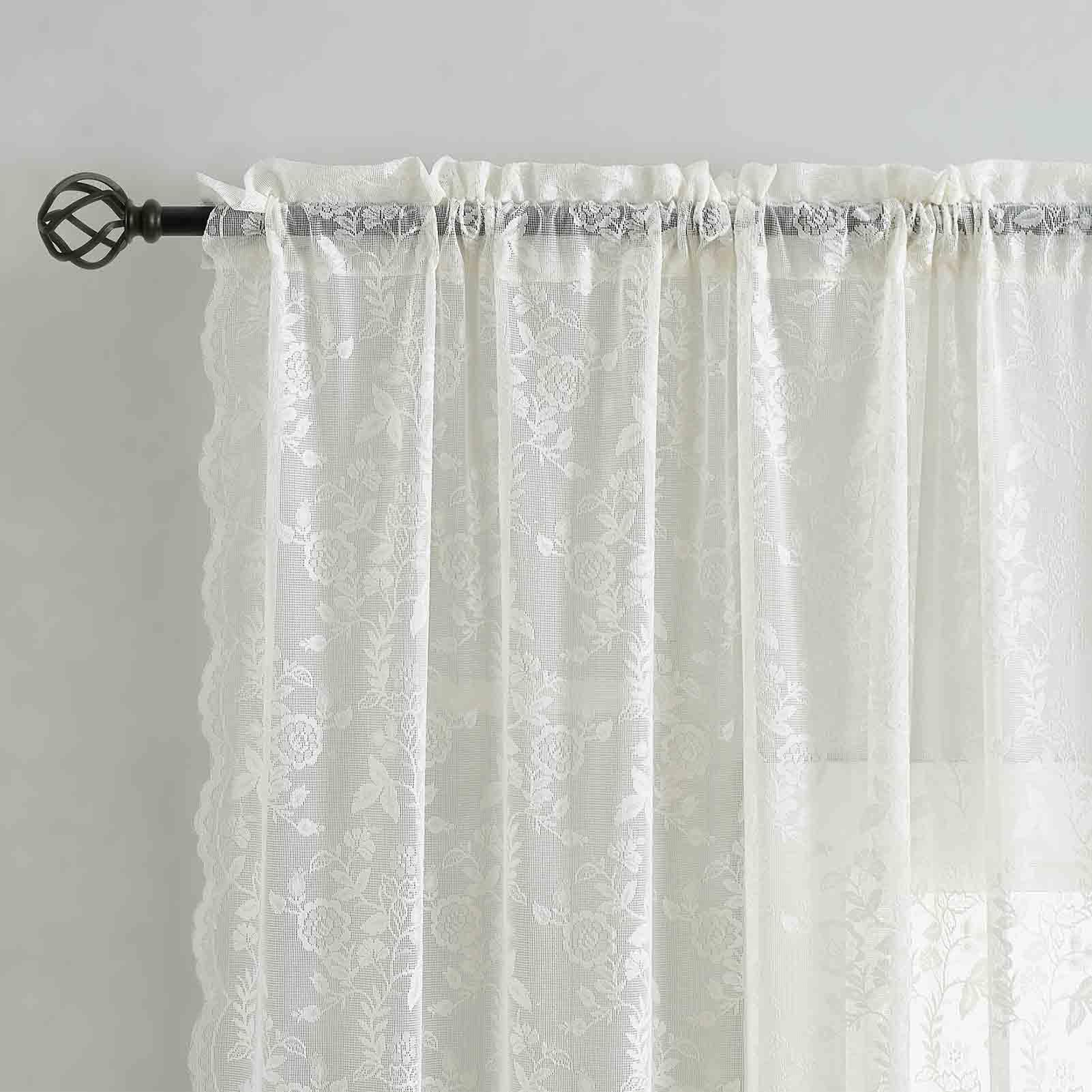 Finecity Extra Long Sheer Lace Curtains 120 Inches Long, Vintage Rustic Leaf Floral Knitted Lace Curtains For Living Room, Rod P