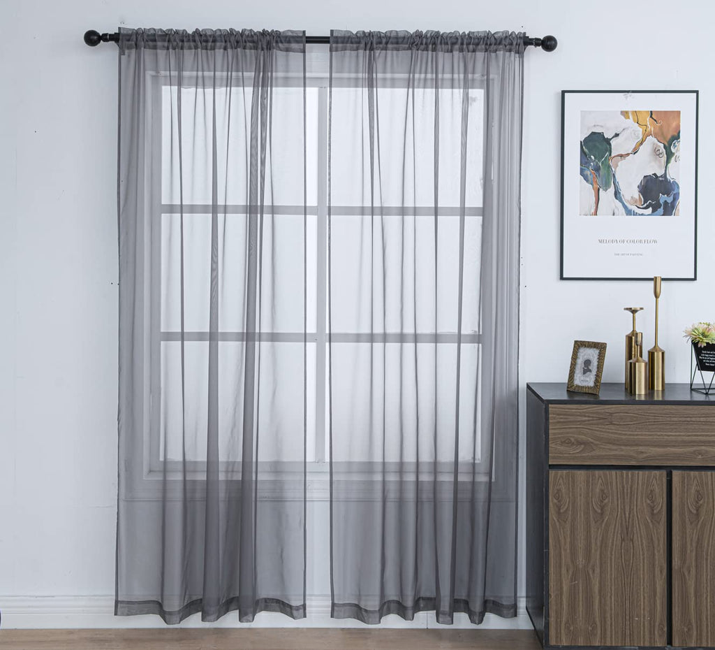 Pi Sheer Curtains 84 Inches Length With Rod Pocket,Privacy Voile Textured Window Backdrop For Bedroom/Living Room 2 Panels (W52 X L84, Dark Grey)