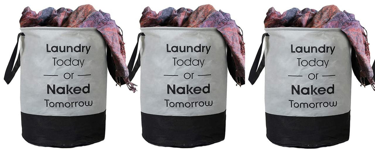 Craft Bazar Round Canvas Black & Grey NonWoven Metallic Print 45 L Laundry Bag Storage Basket Durable Collapsible for Dirty Clo