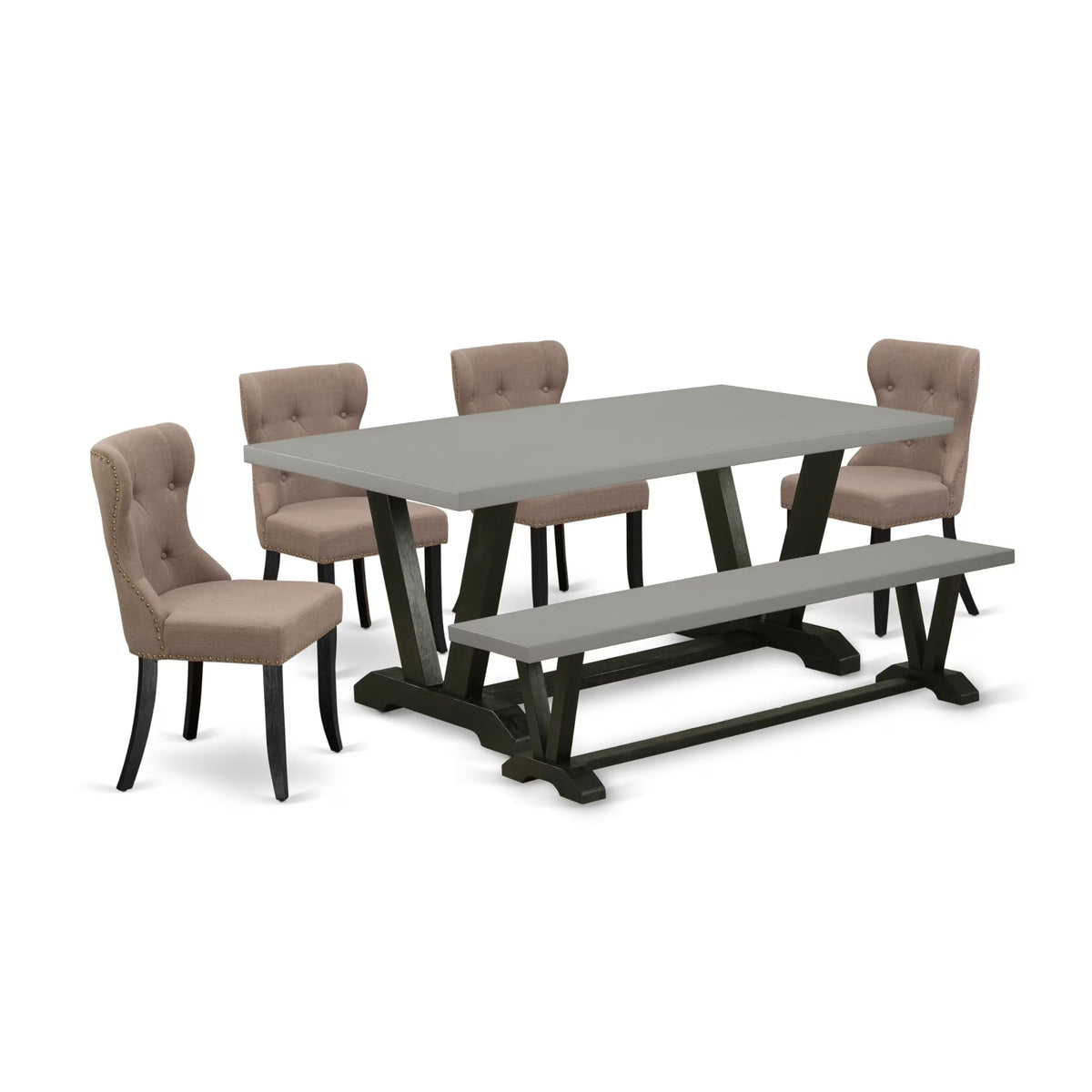 East West Furniture V697Si648-6 6 Piece Dining Room Table Set Contains A Rectangle Kitchen Table With V-Legs And 4 Coffee Linen Fabric Parson Chairs With A Bench, 40X72 Inch, Multi-Color