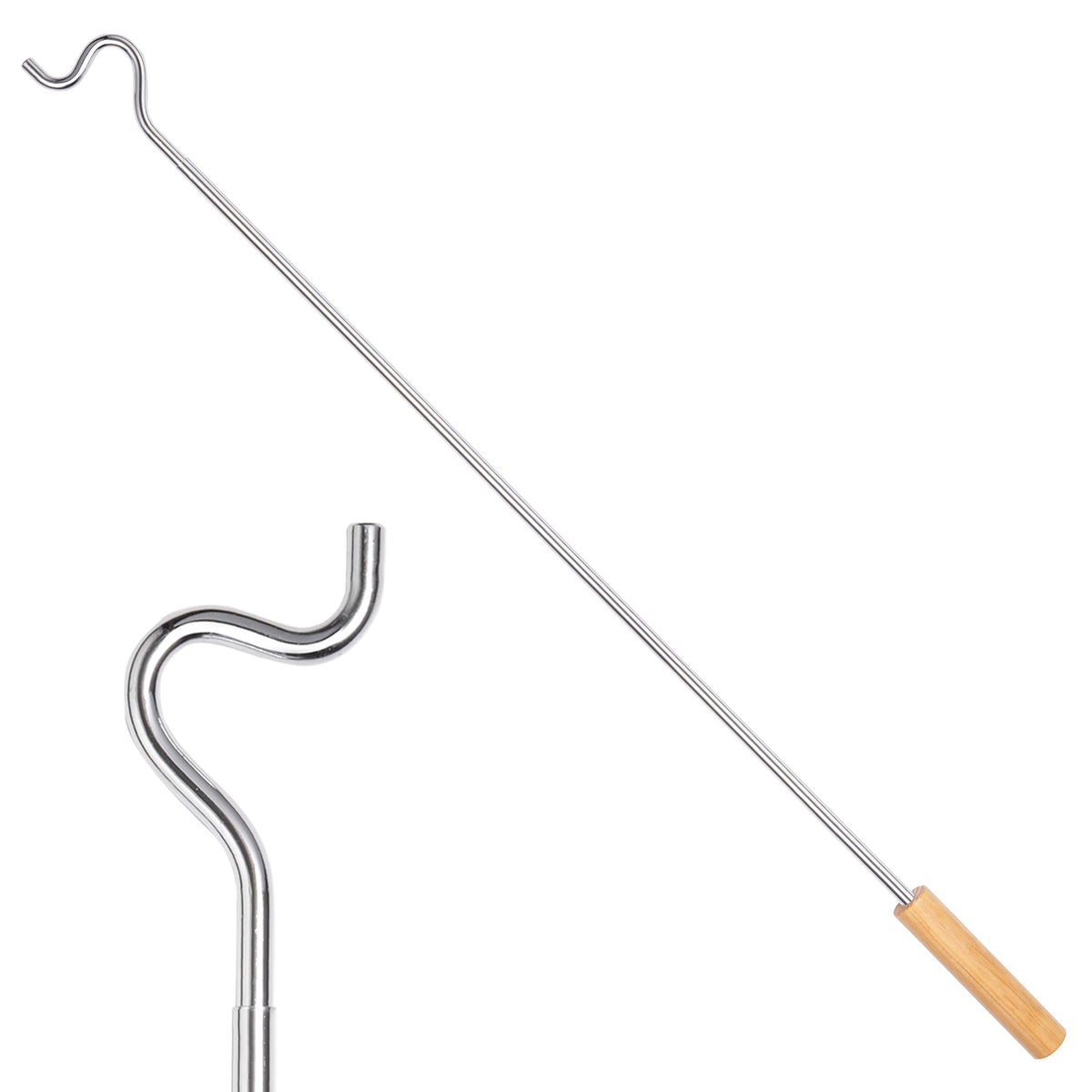 Closet Reacher Pole with Hook and Wooden Handle, Heavy Duty - Adjustable 2.75-5 Feet, Chrome Plated Steel Clothing Hanger Shephe
