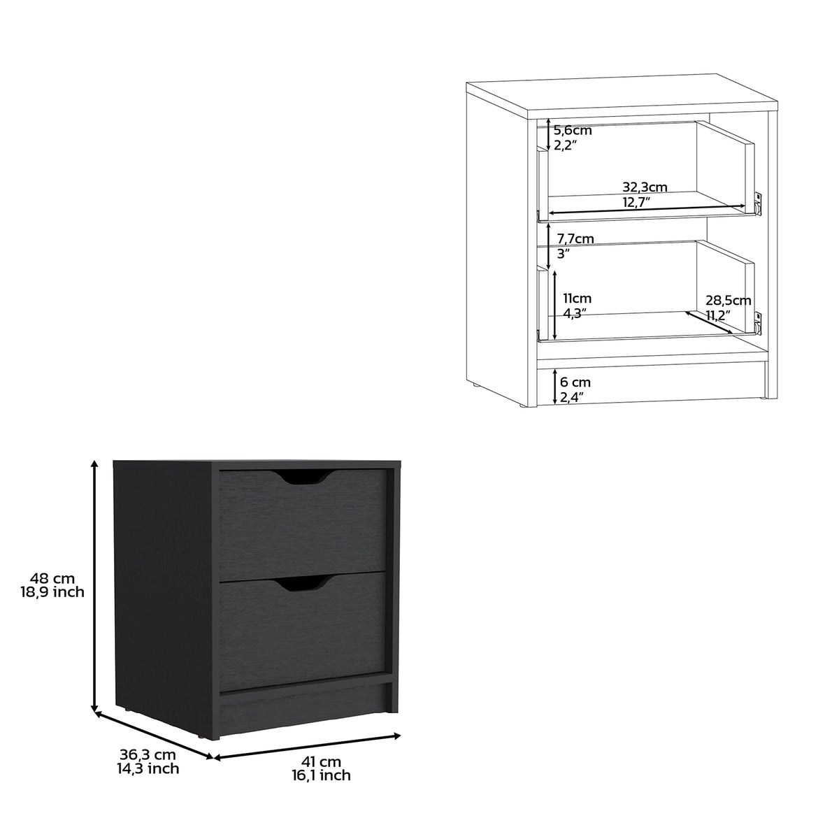 Double Drawer Nightstand 19" H, Bedside Table, Black