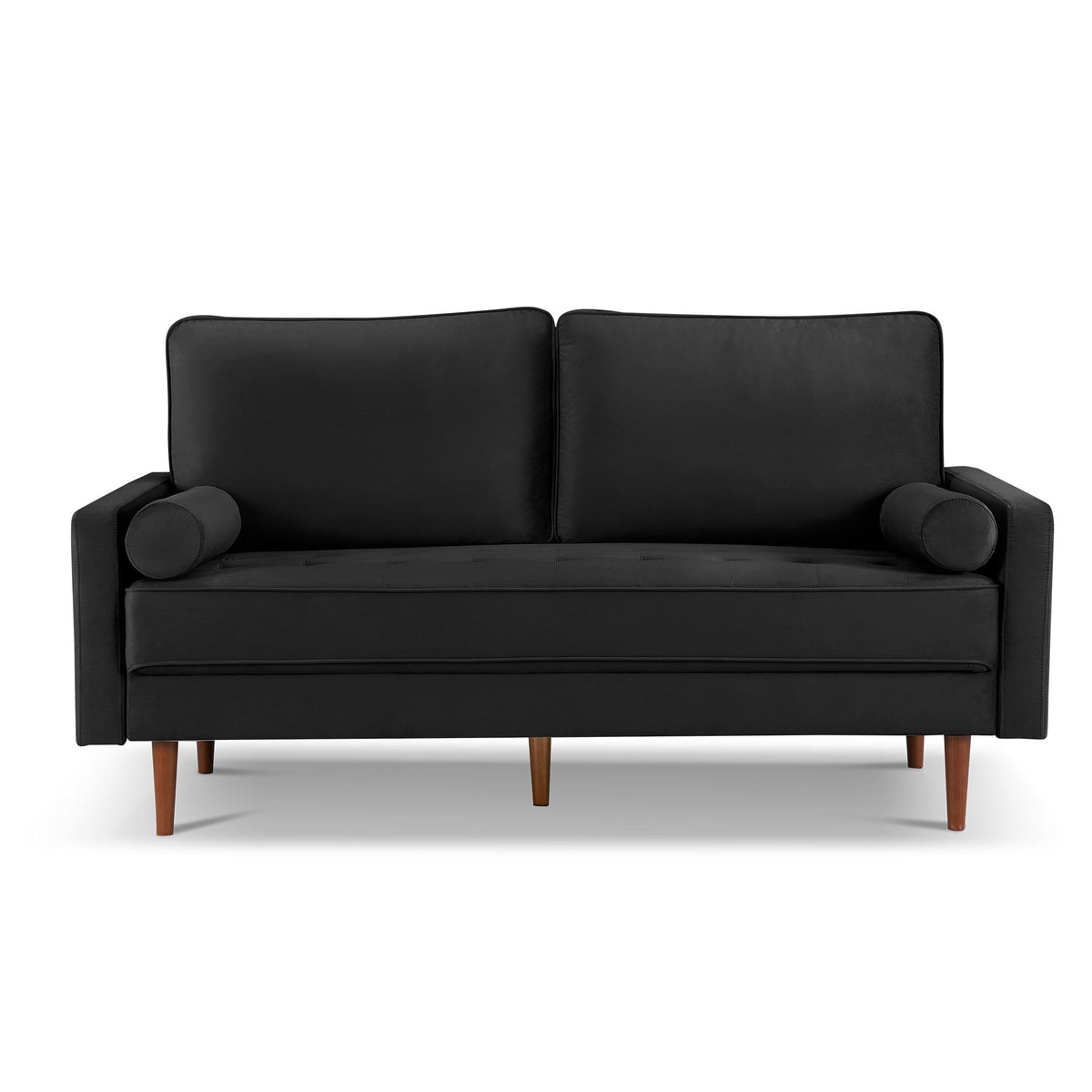 American Furniture Classics Black 69 Inch Wide Upholstered Two Cushion Sofa with Bolster Pillows Velvet, 69" x 32" x 37"