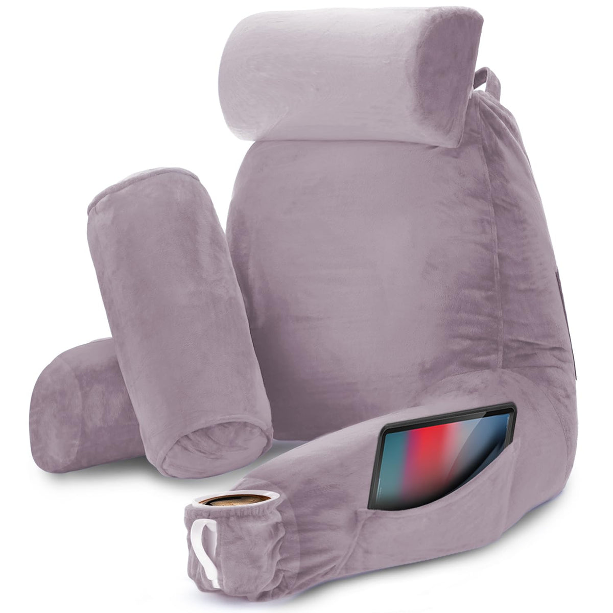 Nestl Reading Pillow Large Bed Pillow, Back Pillow For Sitting In Bed Shredded Memory Foam Chair Pillow, Reading & Bed Rest Pillows Dusty Purple Back Pillow For Bed, Bed Chair Arm Pillow With Pockets
