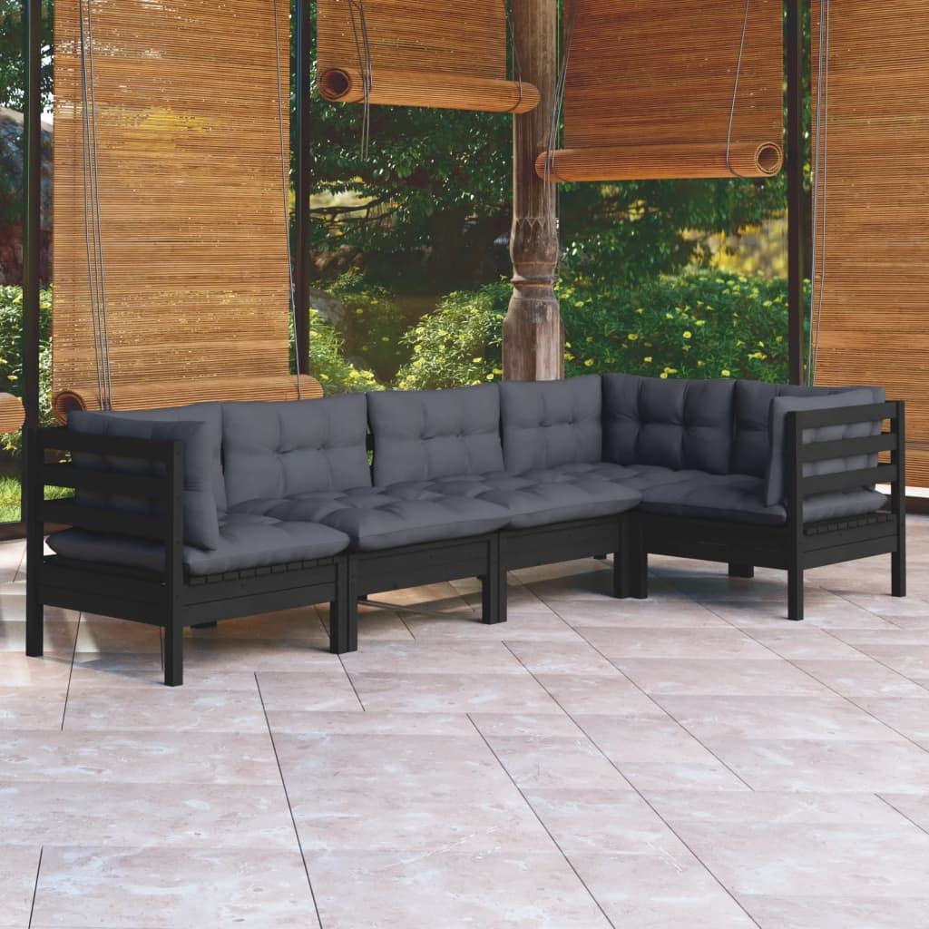 vidaXL Solid Pinewood Patio Lounge Set 5 Piece with Cushions Garden Outdoor Lawn Yard Terrace Balcony Wooden Seat Seating Furniture Black