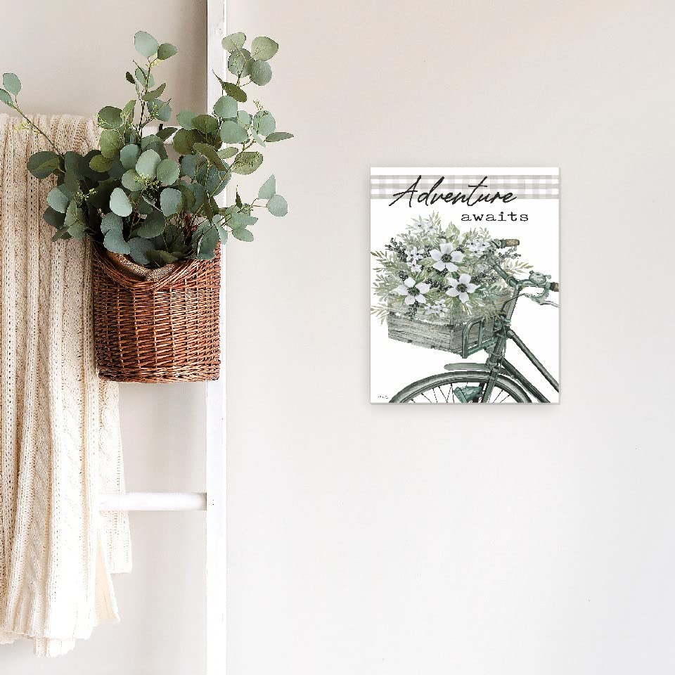 Adventure Awaits With Flower Basket On Bicycle Farmhouse Style Wood Wall Decor Sign 12X15