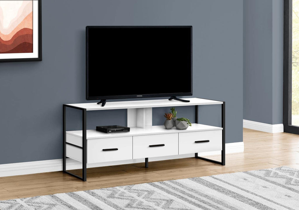 Monarch Specialties I 2615 Tv Stand, 48 Inch, Console, Media Entertainment Center, Storage Drawers, Living Room, Bedroom, Laminate, Metal, White, Black