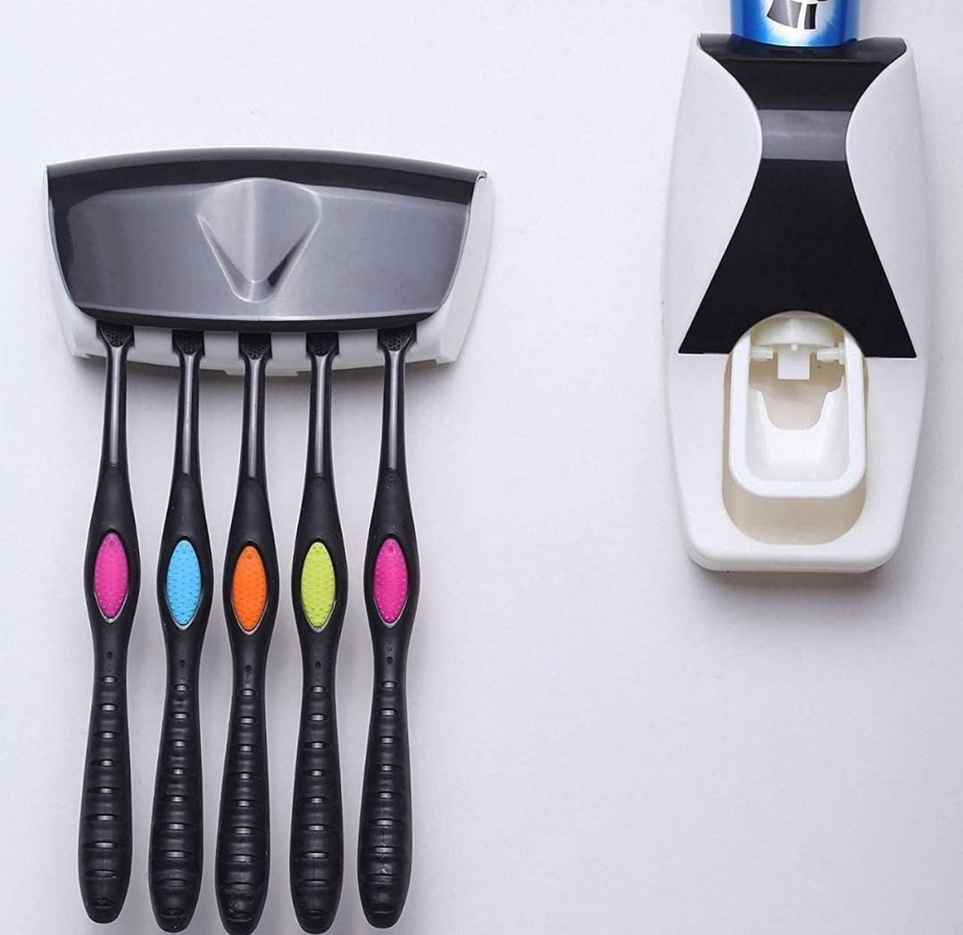 Toothbrush Holder with Cover Automatic Toothpaste Dispenser Wall Mounted Kids Hands Free Toothpaste Squeezer for Washroom 1pc (B