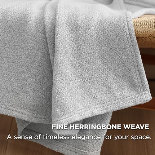 Bedsure 100% Cotton Blanket Queen Size For Bed - Breathable And Lightweight, Soft Cozy Textured Herringbone Woven Blanket For Summer Spring, Grey, 90X90 Inches