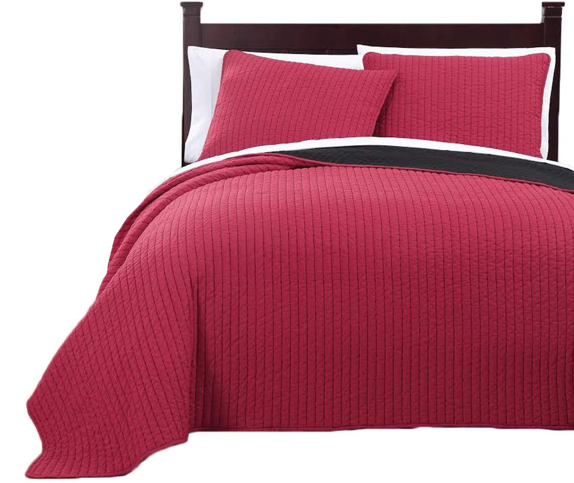 Royal Tradition Project Runway Microfiber Queen Size 3Pc Reversible Coverlet Set, Red With Black